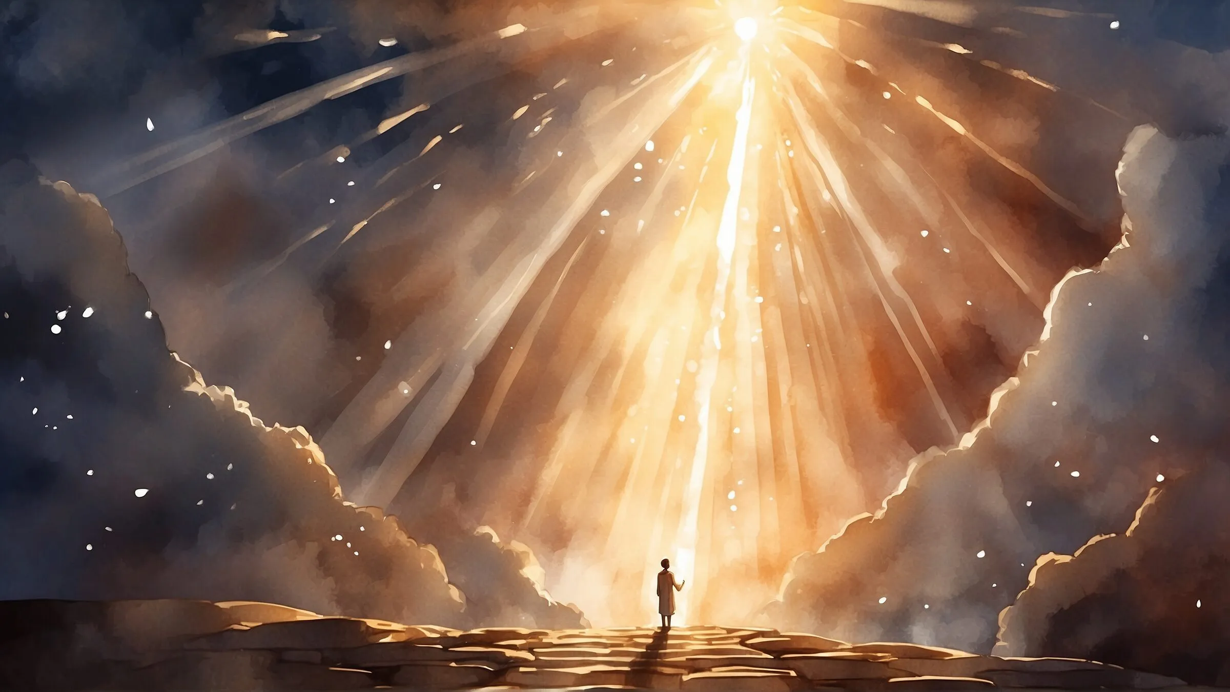 Watercolour of a small figure standing on a rocky ledge beneath a great shaft of golden light breaking through dark clouds.