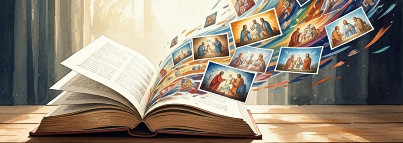 Watercolour of an open Bible on a wooden table, with small painted scenes of biblical figures streaming up out of its pages.