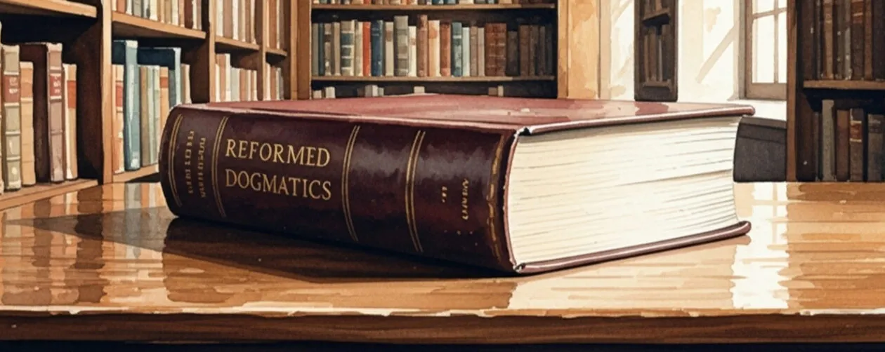 Watercolour of a red leather-bound copy of Reformed Dogmatics lying on a polished library table, with bookshelves and a sunlit window behind.