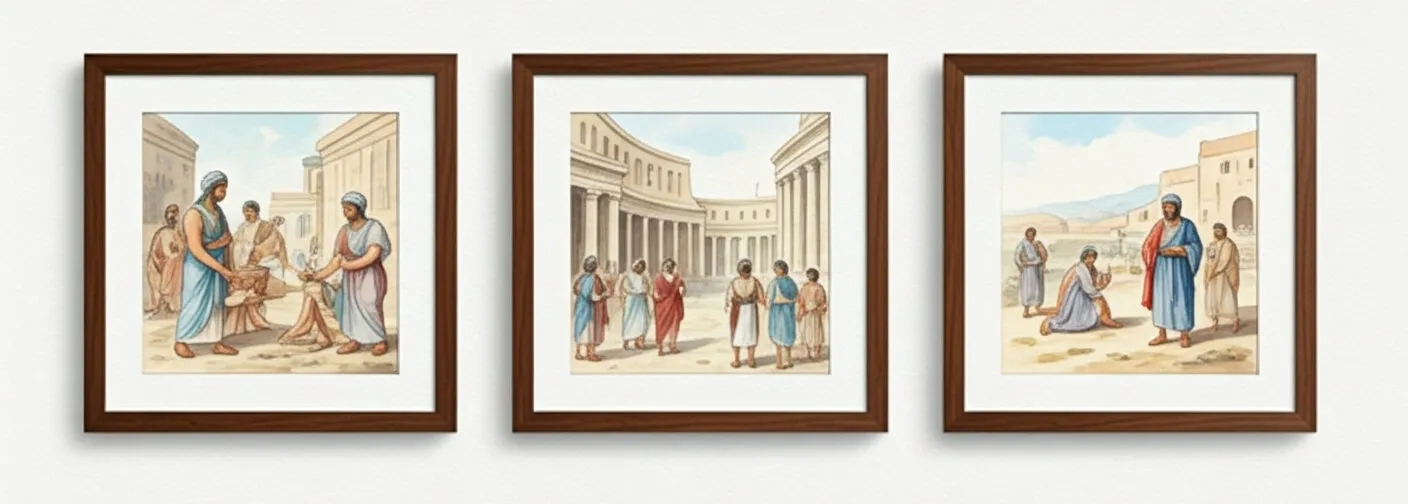 Watercolour of three framed scenes of people in biblical-era robes: a group gathered at a market, people in a colonnaded square, and a man kneeling before others in a desert town.