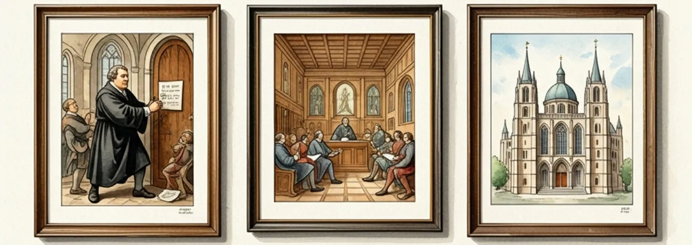 Watercolour of three framed scenes on a cream wall: a reformer nailing a notice to a church door, a council meeting in a wood-panelled hall, and a cathedral with tall spires and a green dome.