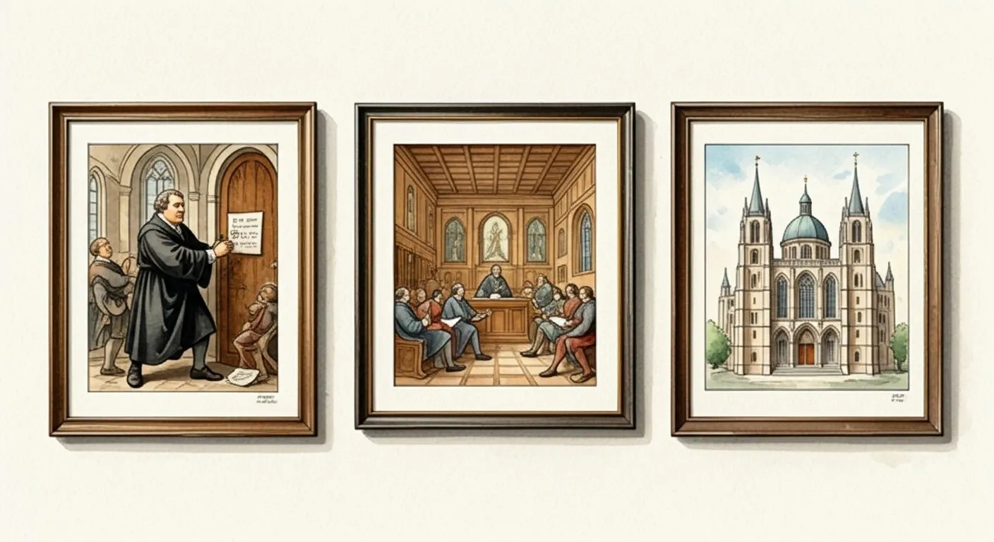 Watercolour of three framed scenes on a cream wall: a reformer nailing a notice to a church door, a council meeting in a wood-panelled hall, and a cathedral with tall spires and a green dome.