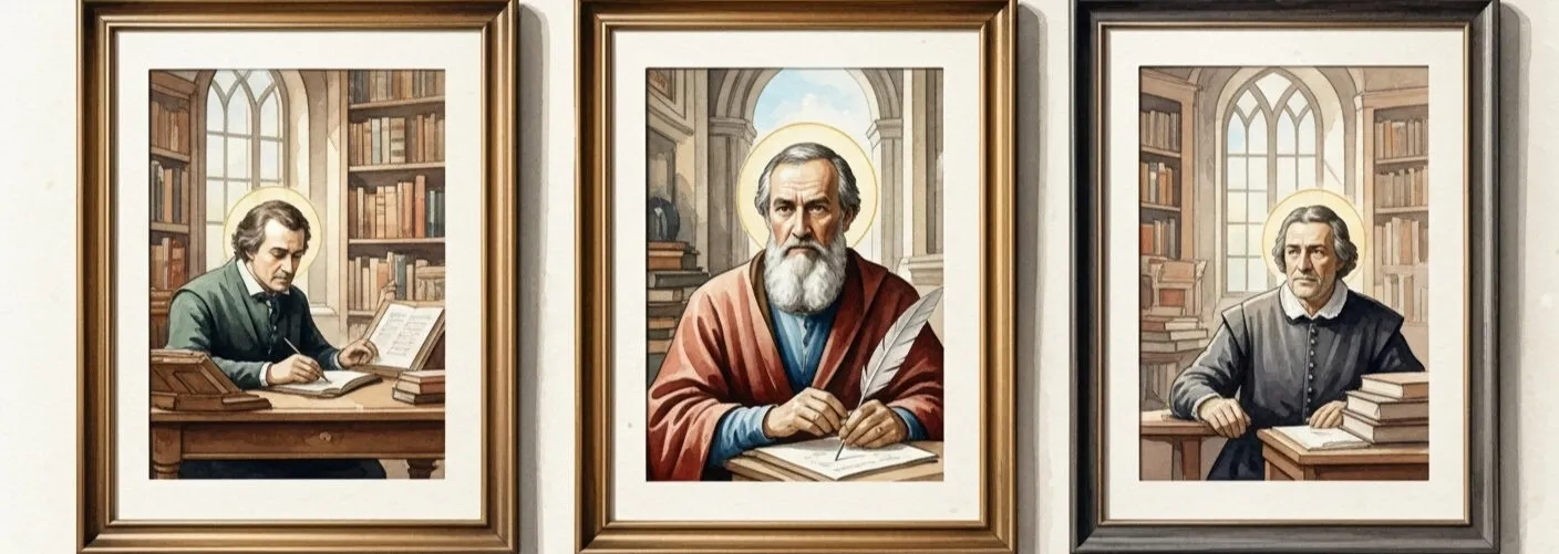 Watercolour of three framed portraits on a cream wall: a man writing at a desk in a library, a white-bearded saint with a quill, and a man in black beside a stack of books.
