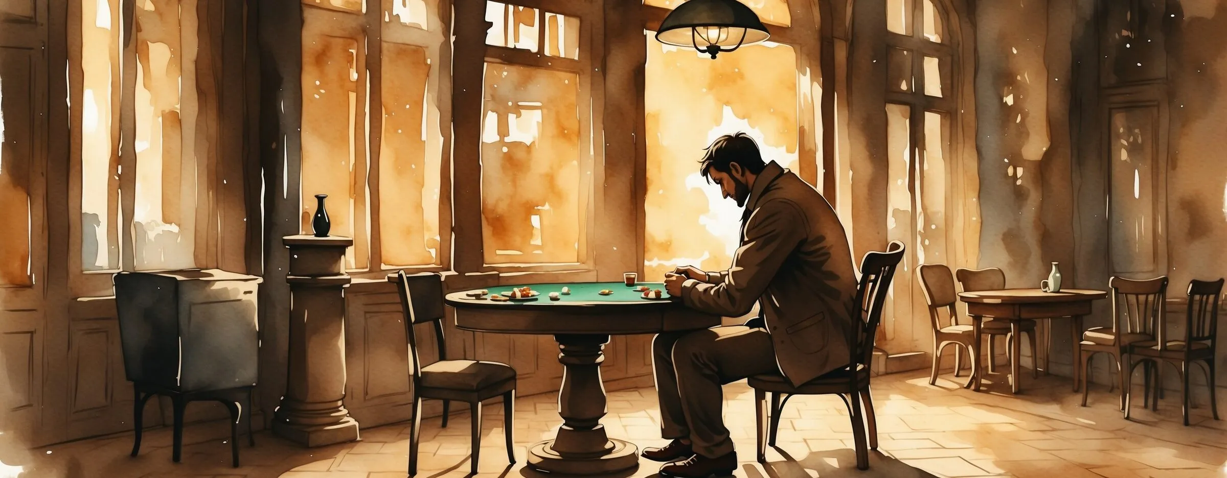 Watercolour of a man sitting alone at a green card table in an empty, sunlit room with tall arched windows.