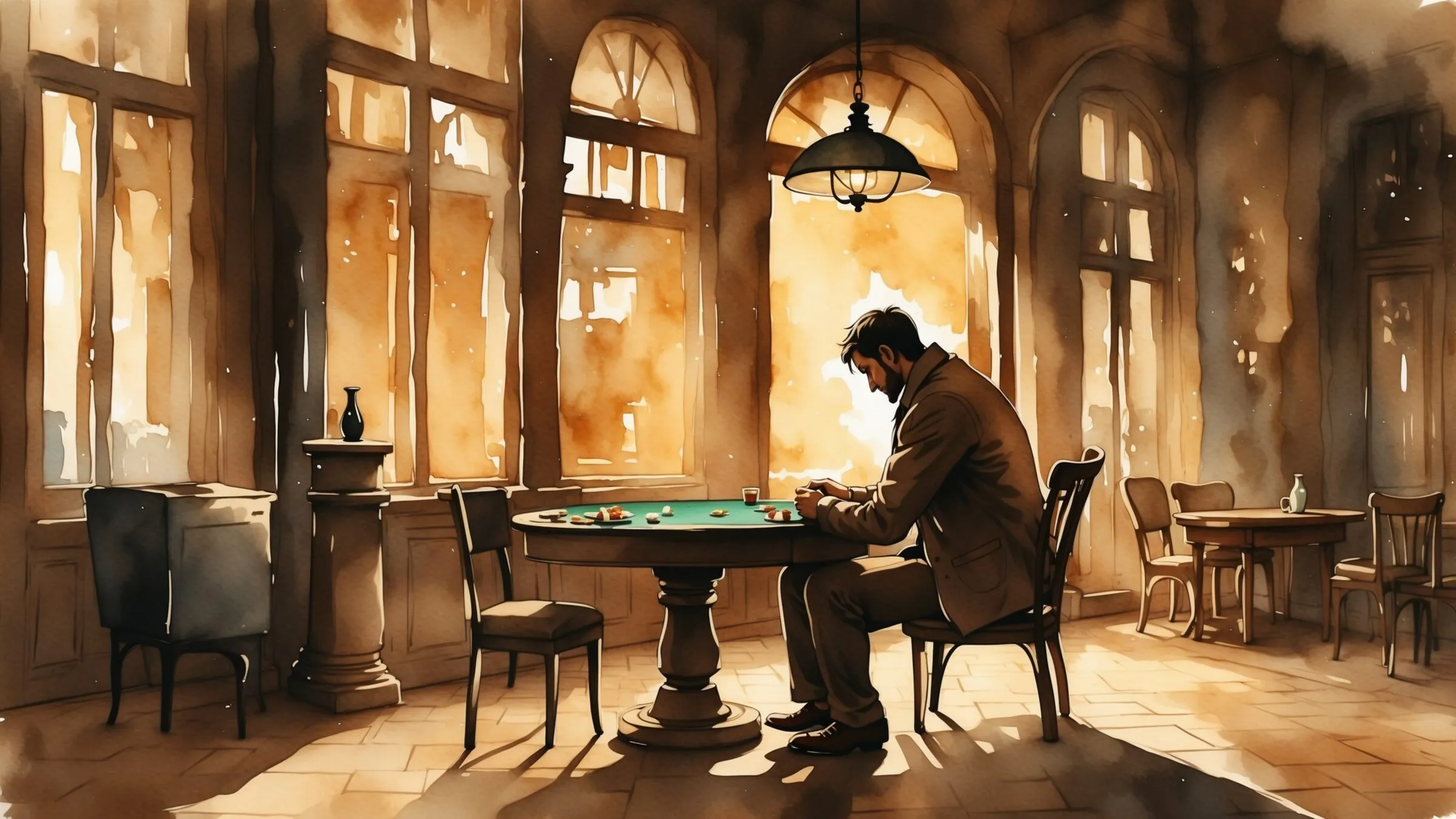 Watercolour of a man sitting alone at a green card table in an empty, sunlit room with tall arched windows.