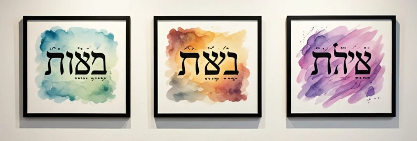 Watercolour of three black-framed prints on a white wall, each with a Hebrew word in black lettering over a wash of blue-green, orange or purple.