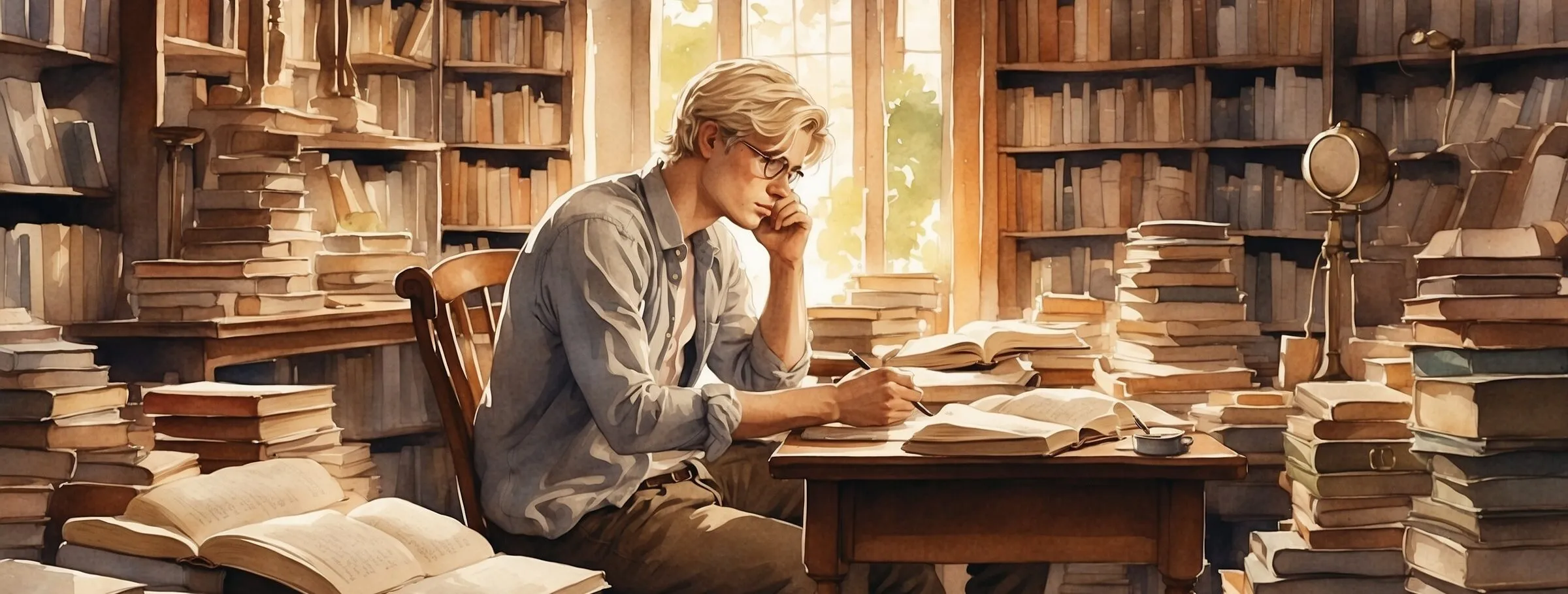 Watercolour of a fair-haired young man in glasses writing at a desk in a sunlit library, surrounded by stacks of open books.