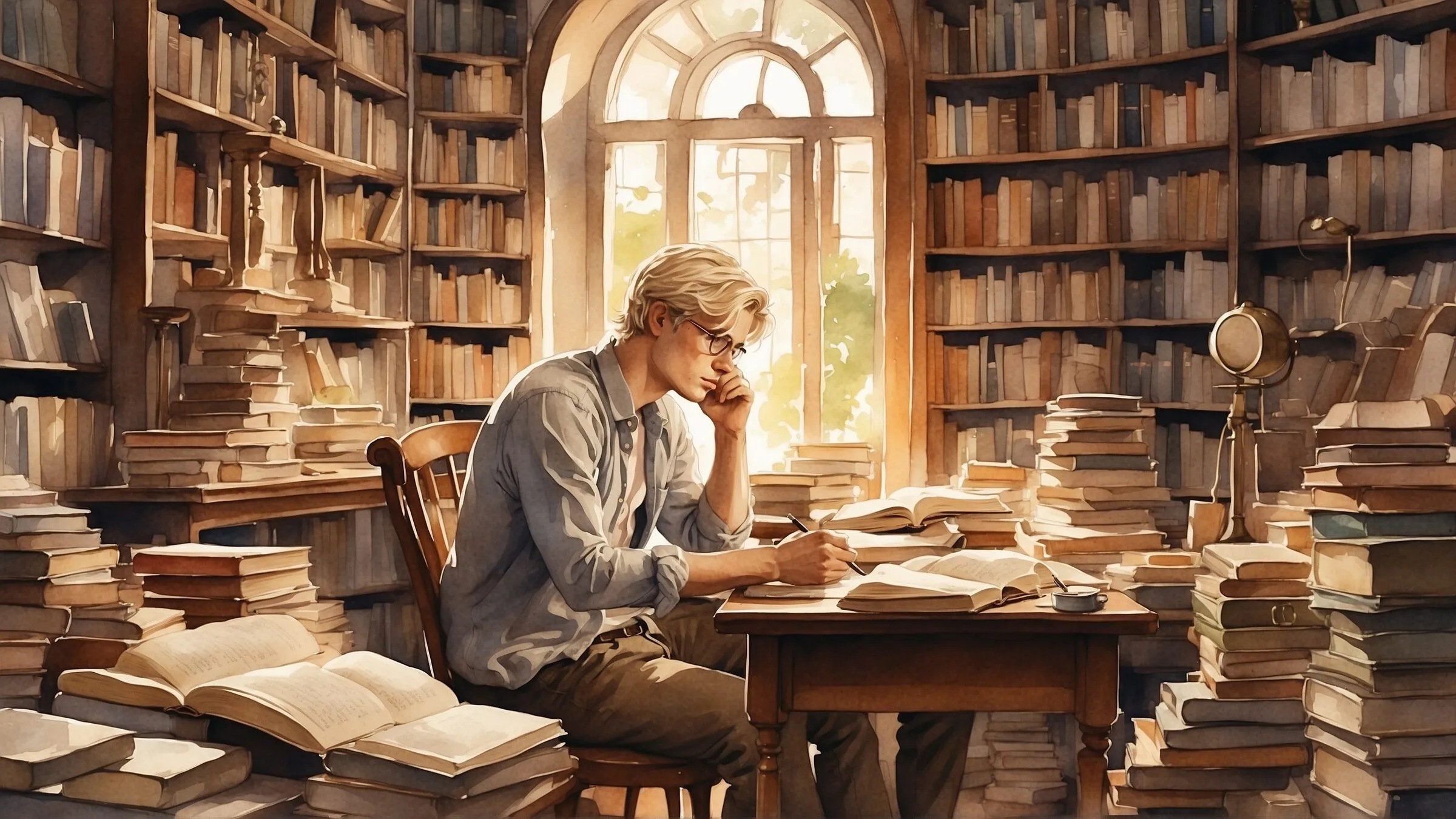 Watercolour of a fair-haired young man in glasses writing at a desk in a sunlit library, surrounded by stacks of open books.