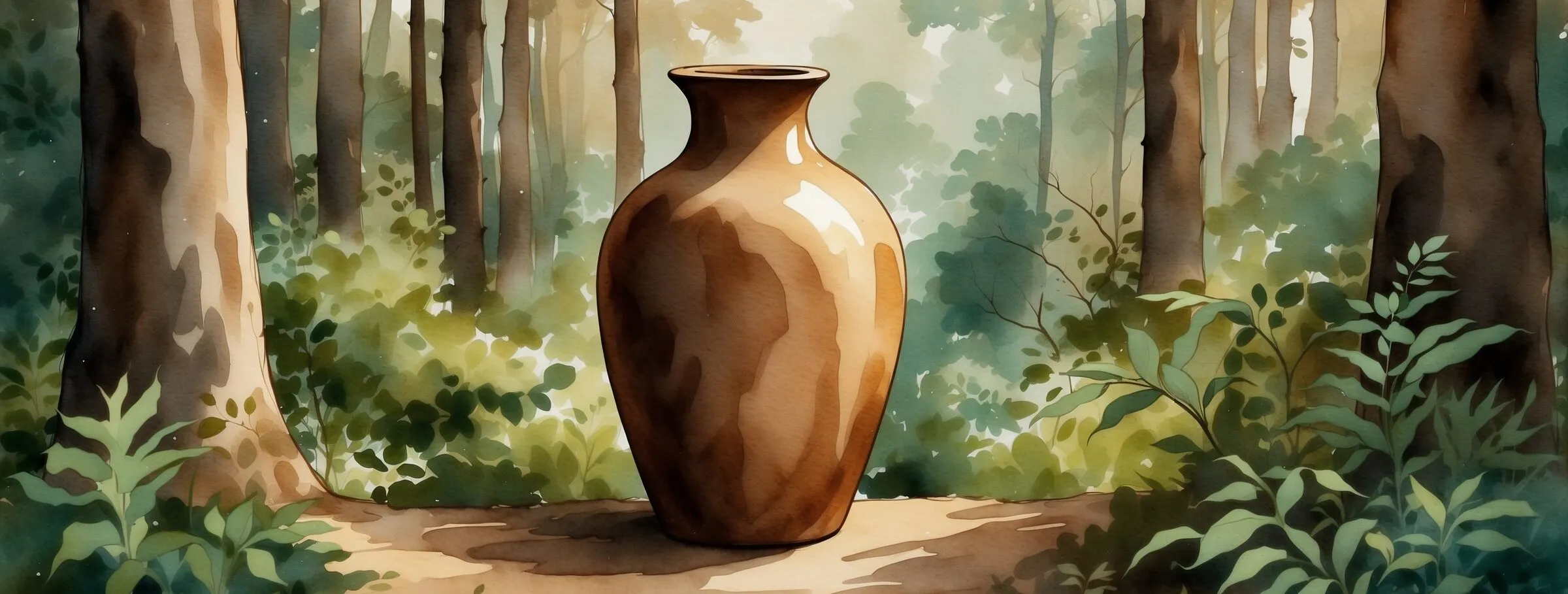 Watercolour of a tall brown clay vase standing on a sunlit forest path among trees and ferns.