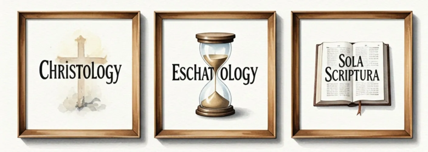 Watercolour of three wooden frames on a pale wall, lettered Christology, Eschatology and Sola Scriptura, with a cross, an hourglass and an open Bible.