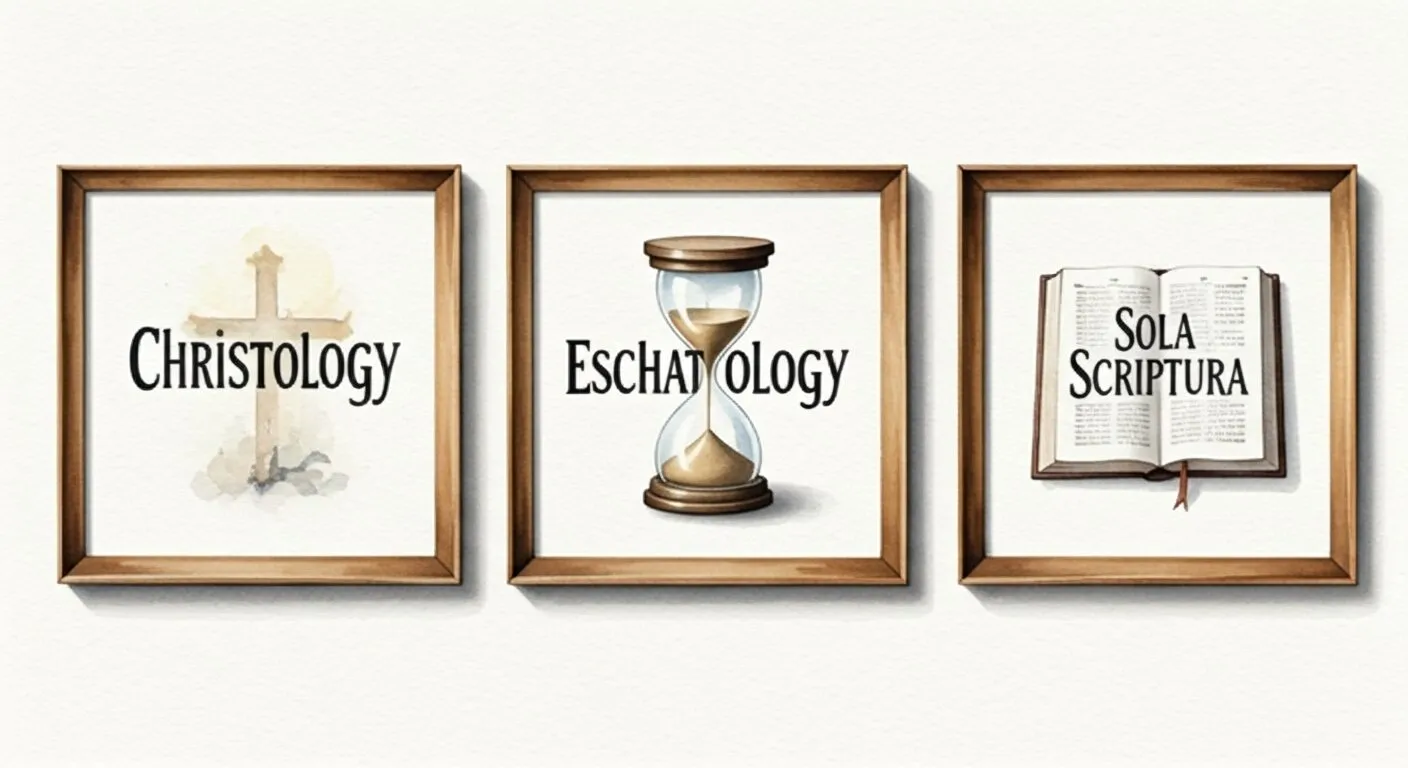 Watercolour of three wooden frames on a pale wall, lettered Christology, Eschatology and Sola Scriptura, with a cross, an hourglass and an open Bible.