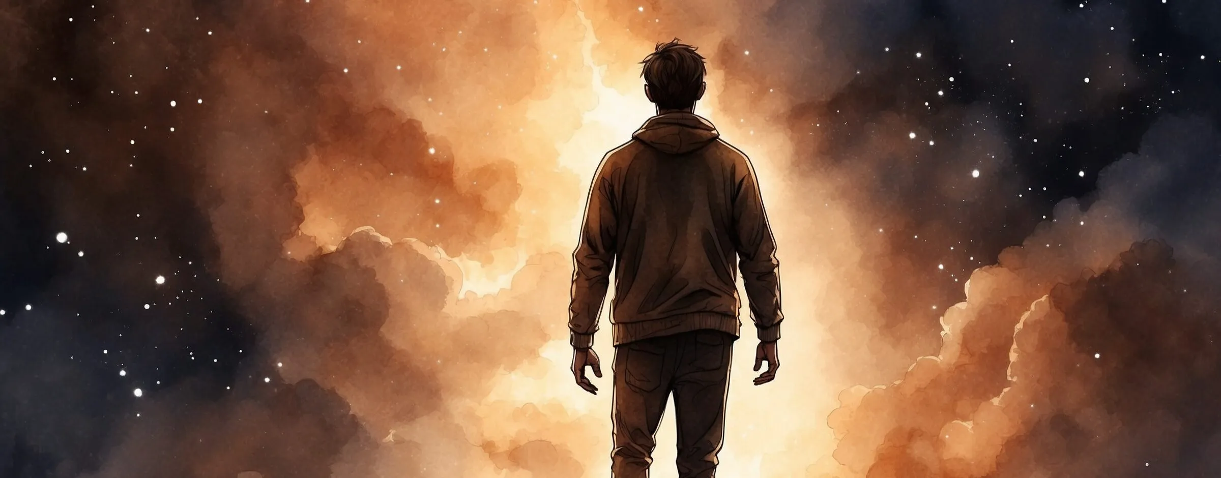 Watercolour of a young man seen from behind, standing on a dark ridge before glowing amber clouds and a starry sky.