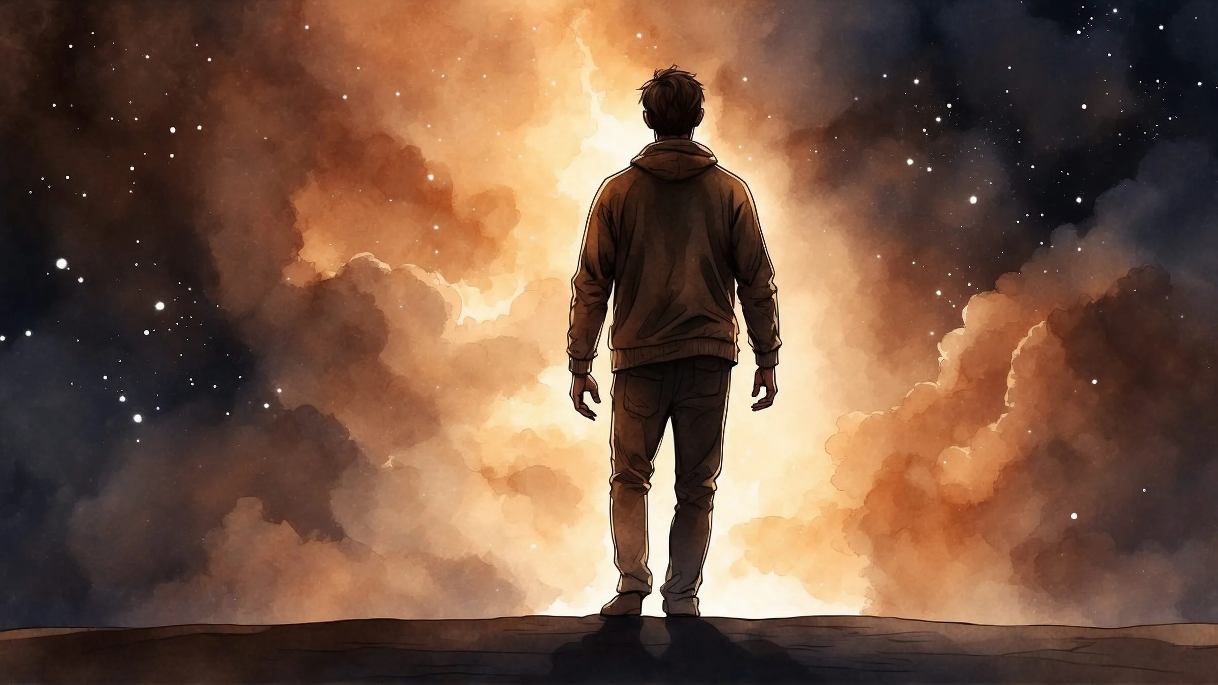 Watercolour of a young man seen from behind, standing on a dark ridge before glowing amber clouds and a starry sky.