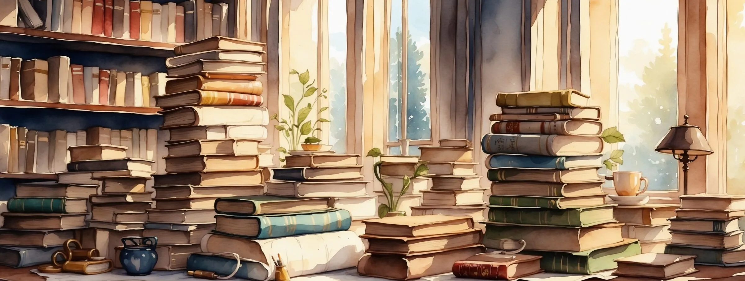 Watercolour of a sunlit library with stacks of old books